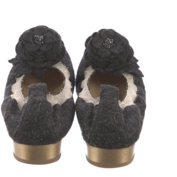 CHANEL 2015 Black Wool Interlocking CC Logo Flats Flower Embellishment Size 36 - Picture 4 of 5